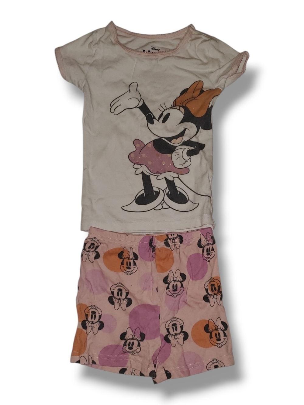Disney Minnie Mouse White Top with Pink & Orange Dot Shorts Pajama Set